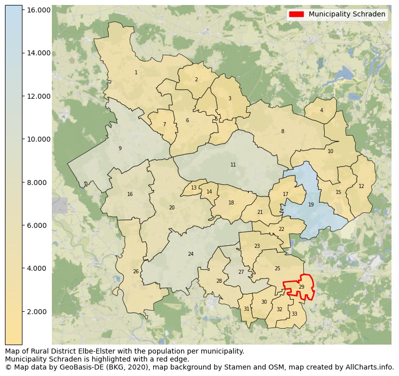 Map of Rural district Elbe-Elster with the population per municipality.Municipality Schraden is highlighted with a red edge.. This page shows a lot of information about residents (such as the distribution by age groups, family composition, gender, native or German with an immigration background, ...), homes (numbers, types, price development, use, type of property, ...) and more (car ownership, energy consumption, ...) based on open data from the German Federal Agency for Cartography, the Federal Statistical Office (DESTATIS), the Regional Statistical Offices and various other sources!