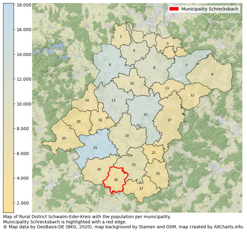 Map of Rural district Schwalm-Eder-Kreis with the population per municipality.Municipality Schrecksbach is highlighted with a red edge.. This page shows a lot of information about residents (such as the distribution by age groups, family composition, gender, native or German with an immigration background, ...), homes (numbers, types, price development, use, type of property, ...) and more (car ownership, energy consumption, ...) based on open data from the German Federal Agency for Cartography, the Federal Statistical Office (DESTATIS), the Regional Statistical Offices and various other sources!