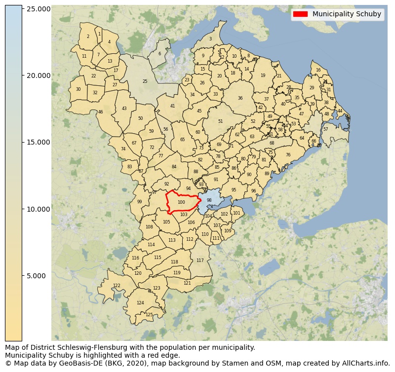 Map of District Schleswig-Flensburg with the population per municipality.Municipality Schuby is highlighted with a red edge.. This page shows a lot of information about residents (such as the distribution by age groups, family composition, gender, native or German with an immigration background, ...), homes (numbers, types, price development, use, type of property, ...) and more (car ownership, energy consumption, ...) based on open data from the German Federal Agency for Cartography, the Federal Statistical Office (DESTATIS), the Regional Statistical Offices and various other sources!