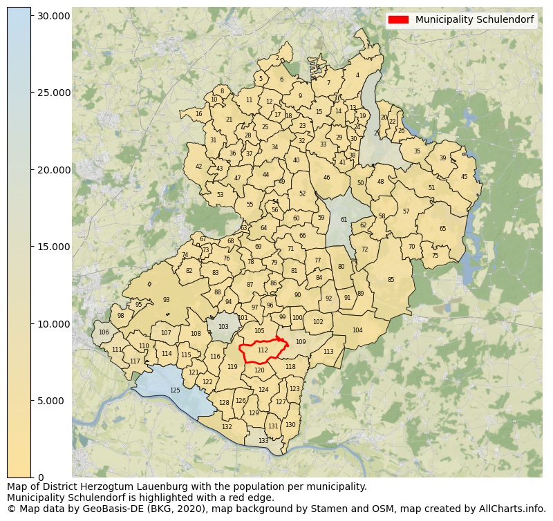 Map of District Herzogtum Lauenburg with the population per municipality.Municipality Schulendorf is highlighted with a red edge.. This page shows a lot of information about residents (such as the distribution by age groups, family composition, gender, native or German with an immigration background, ...), homes (numbers, types, price development, use, type of property, ...) and more (car ownership, energy consumption, ...) based on open data from the German Federal Agency for Cartography, the Federal Statistical Office (DESTATIS), the Regional Statistical Offices and various other sources!