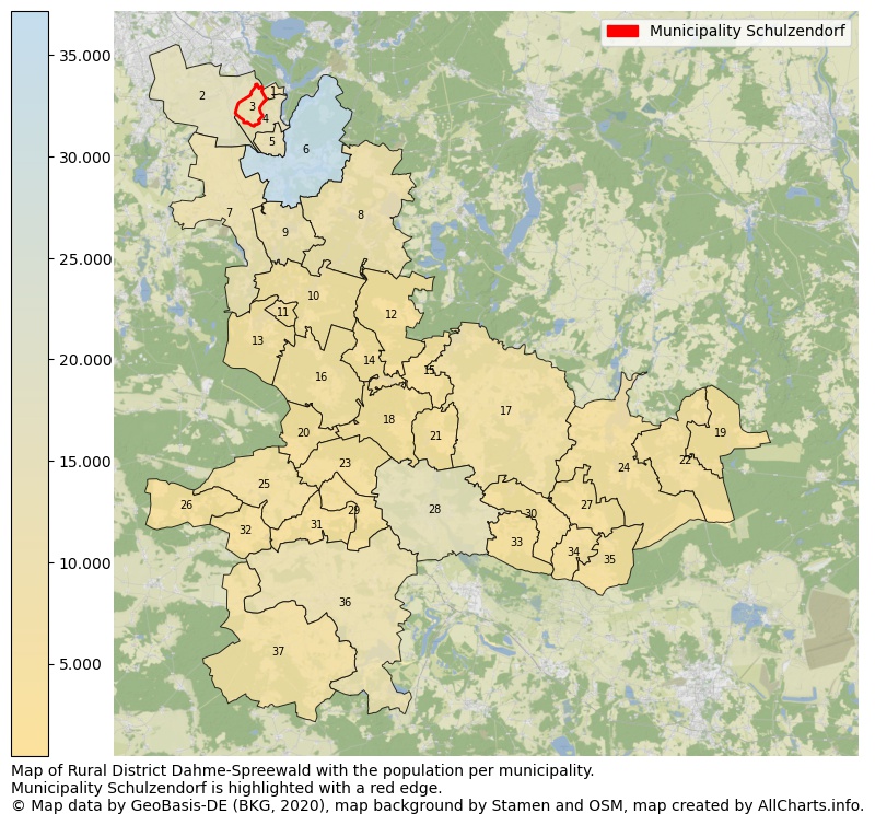 Map of Rural district Dahme-Spreewald with the population per municipality.Municipality Schulzendorf is highlighted with a red edge.. This page shows a lot of information about residents (such as the distribution by age groups, family composition, gender, native or German with an immigration background, ...), homes (numbers, types, price development, use, type of property, ...) and more (car ownership, energy consumption, ...) based on open data from the German Federal Agency for Cartography, the Federal Statistical Office (DESTATIS), the Regional Statistical Offices and various other sources!