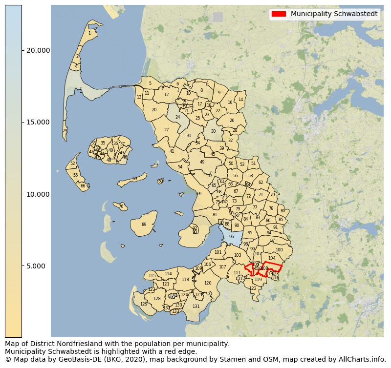 Map of District Nordfriesland with the population per municipality.Municipality Schwabstedt is highlighted with a red edge.. This page shows a lot of information about residents (such as the distribution by age groups, family composition, gender, native or German with an immigration background, ...), homes (numbers, types, price development, use, type of property, ...) and more (car ownership, energy consumption, ...) based on open data from the German Federal Agency for Cartography, the Federal Statistical Office (DESTATIS), the Regional Statistical Offices and various other sources!