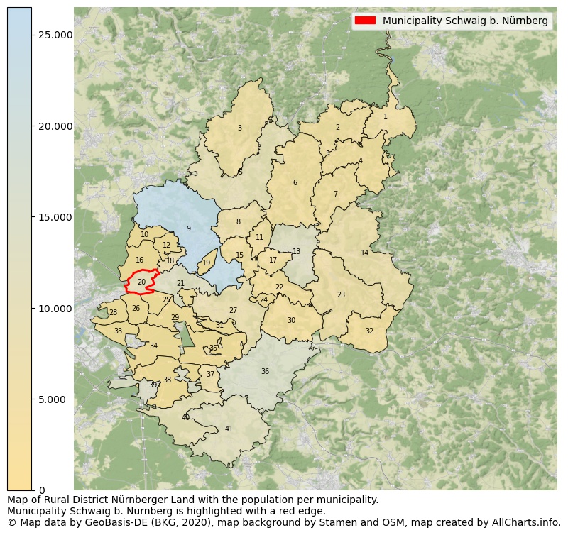 Map of Rural district Nürnberger Land with the population per municipality.Municipality Schwaig b. Nürnberg is highlighted with a red edge.. This page shows a lot of information about residents (such as the distribution by age groups, family composition, gender, native or German with an immigration background, ...), homes (numbers, types, price development, use, type of property, ...) and more (car ownership, energy consumption, ...) based on open data from the German Federal Agency for Cartography, the Federal Statistical Office (DESTATIS), the Regional Statistical Offices and various other sources!