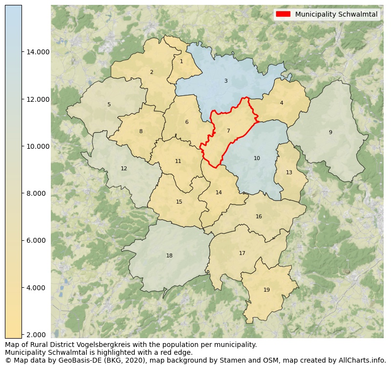 Map of Rural district Vogelsbergkreis with the population per municipality.Municipality Schwalmtal is highlighted with a red edge.. This page shows a lot of information about residents (such as the distribution by age groups, family composition, gender, native or German with an immigration background, ...), homes (numbers, types, price development, use, type of property, ...) and more (car ownership, energy consumption, ...) based on open data from the German Federal Agency for Cartography, the Federal Statistical Office (DESTATIS), the Regional Statistical Offices and various other sources!