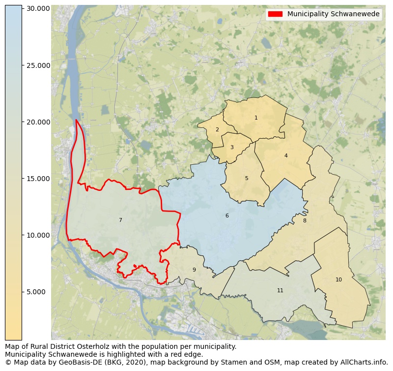 Map of Rural district Osterholz with the population per municipality.Municipality Schwanewede is highlighted with a red edge.. This page shows a lot of information about residents (such as the distribution by age groups, family composition, gender, native or German with an immigration background, ...), homes (numbers, types, price development, use, type of property, ...) and more (car ownership, energy consumption, ...) based on open data from the German Federal Agency for Cartography, the Federal Statistical Office (DESTATIS), the Regional Statistical Offices and various other sources!