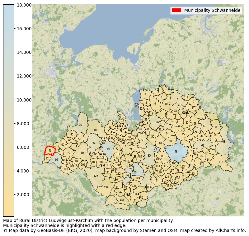 Map of Rural district Ludwigslust-Parchim with the population per municipality.Municipality Schwanheide is highlighted with a red edge.. This page shows a lot of information about residents (such as the distribution by age groups, family composition, gender, native or German with an immigration background, ...), homes (numbers, types, price development, use, type of property, ...) and more (car ownership, energy consumption, ...) based on open data from the German Federal Agency for Cartography, the Federal Statistical Office (DESTATIS), the Regional Statistical Offices and various other sources!