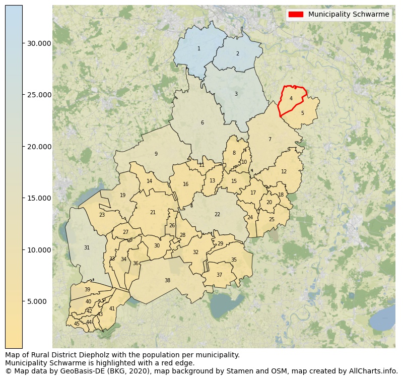 Map of Rural district Diepholz with the population per municipality.Municipality Schwarme is highlighted with a red edge.. This page shows a lot of information about residents (such as the distribution by age groups, family composition, gender, native or German with an immigration background, ...), homes (numbers, types, price development, use, type of property, ...) and more (car ownership, energy consumption, ...) based on open data from the German Federal Agency for Cartography, the Federal Statistical Office (DESTATIS), the Regional Statistical Offices and various other sources!