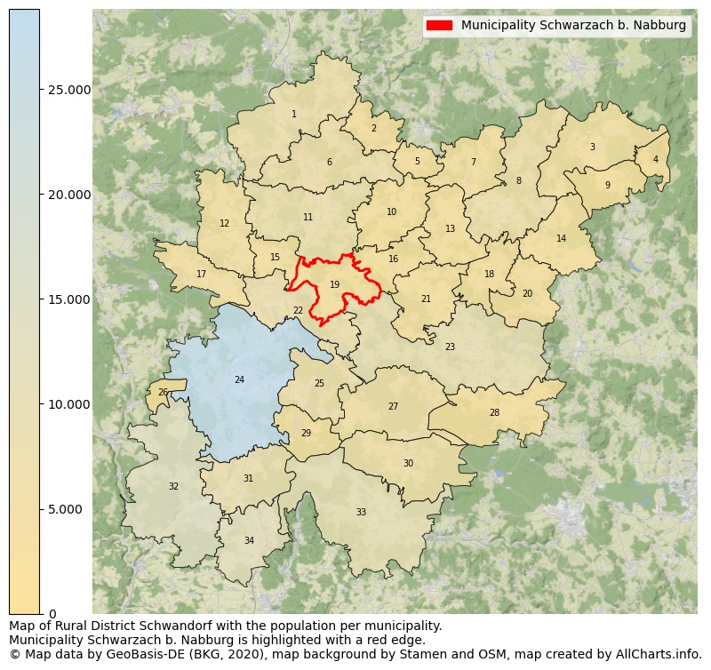 Map of Rural district Schwandorf with the population per municipality.Municipality Schwarzach b. Nabburg is highlighted with a red edge.. This page shows a lot of information about residents (such as the distribution by age groups, family composition, gender, native or German with an immigration background, ...), homes (numbers, types, price development, use, type of property, ...) and more (car ownership, energy consumption, ...) based on open data from the German Federal Agency for Cartography, the Federal Statistical Office (DESTATIS), the Regional Statistical Offices and various other sources!