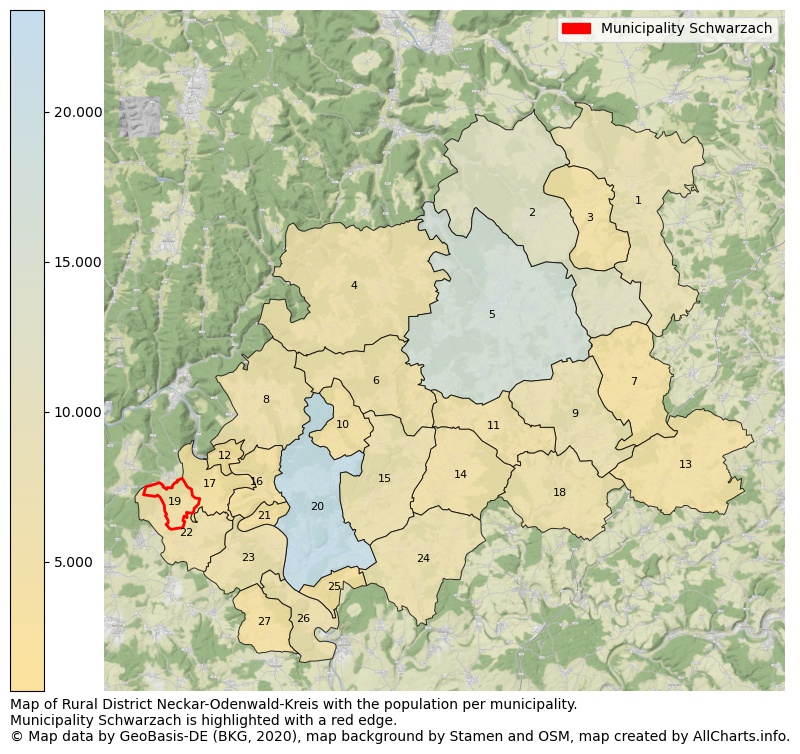 Map of Rural district Neckar-Odenwald-Kreis with the population per municipality.Municipality Schwarzach is highlighted with a red edge.. This page shows a lot of information about residents (such as the distribution by age groups, family composition, gender, native or German with an immigration background, ...), homes (numbers, types, price development, use, type of property, ...) and more (car ownership, energy consumption, ...) based on open data from the German Federal Agency for Cartography, the Federal Statistical Office (DESTATIS), the Regional Statistical Offices and various other sources!