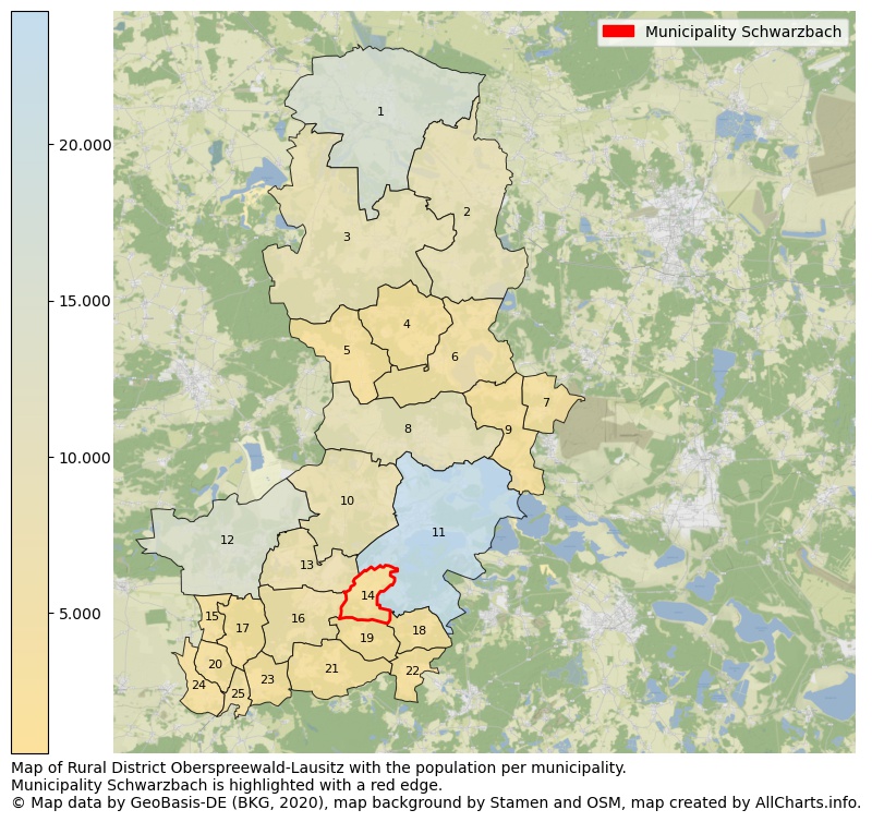 Map of Rural district Oberspreewald-Lausitz with the population per municipality.Municipality Schwarzbach is highlighted with a red edge.. This page shows a lot of information about residents (such as the distribution by age groups, family composition, gender, native or German with an immigration background, ...), homes (numbers, types, price development, use, type of property, ...) and more (car ownership, energy consumption, ...) based on open data from the German Federal Agency for Cartography, the Federal Statistical Office (DESTATIS), the Regional Statistical Offices and various other sources!