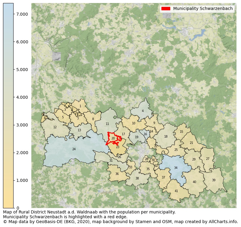 Map of Rural district Neustadt a.d. Waldnaab with the population per municipality.Municipality Schwarzenbach is highlighted with a red edge.. This page shows a lot of information about residents (such as the distribution by age groups, family composition, gender, native or German with an immigration background, ...), homes (numbers, types, price development, use, type of property, ...) and more (car ownership, energy consumption, ...) based on open data from the German Federal Agency for Cartography, the Federal Statistical Office (DESTATIS), the Regional Statistical Offices and various other sources!