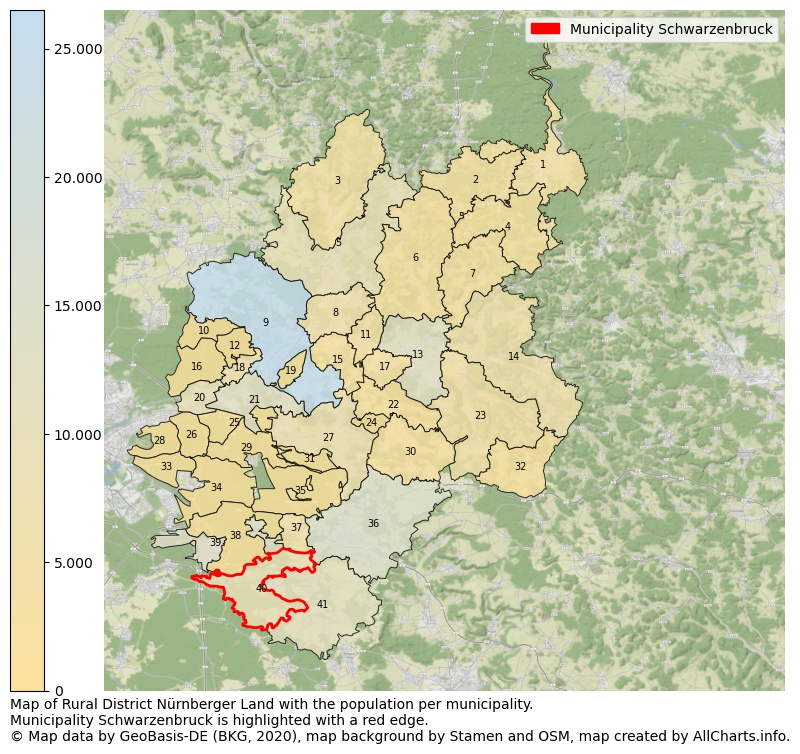 Map of Rural district Nürnberger Land with the population per municipality.Municipality Schwarzenbruck is highlighted with a red edge.. This page shows a lot of information about residents (such as the distribution by age groups, family composition, gender, native or German with an immigration background, ...), homes (numbers, types, price development, use, type of property, ...) and more (car ownership, energy consumption, ...) based on open data from the German Federal Agency for Cartography, the Federal Statistical Office (DESTATIS), the Regional Statistical Offices and various other sources!