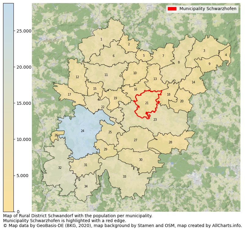 Map of Rural district Schwandorf with the population per municipality.Municipality Schwarzhofen is highlighted with a red edge.. This page shows a lot of information about residents (such as the distribution by age groups, family composition, gender, native or German with an immigration background, ...), homes (numbers, types, price development, use, type of property, ...) and more (car ownership, energy consumption, ...) based on open data from the German Federal Agency for Cartography, the Federal Statistical Office (DESTATIS), the Regional Statistical Offices and various other sources!