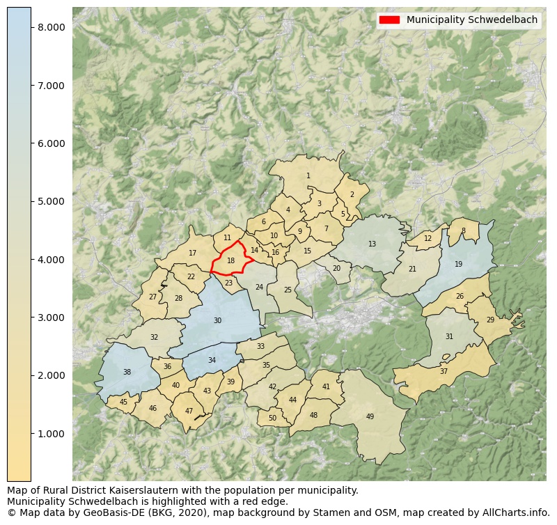 Map of Rural district Kaiserslautern with the population per municipality.Municipality Schwedelbach is highlighted with a red edge.. This page shows a lot of information about residents (such as the distribution by age groups, family composition, gender, native or German with an immigration background, ...), homes (numbers, types, price development, use, type of property, ...) and more (car ownership, energy consumption, ...) based on open data from the German Federal Agency for Cartography, the Federal Statistical Office (DESTATIS), the Regional Statistical Offices and various other sources!