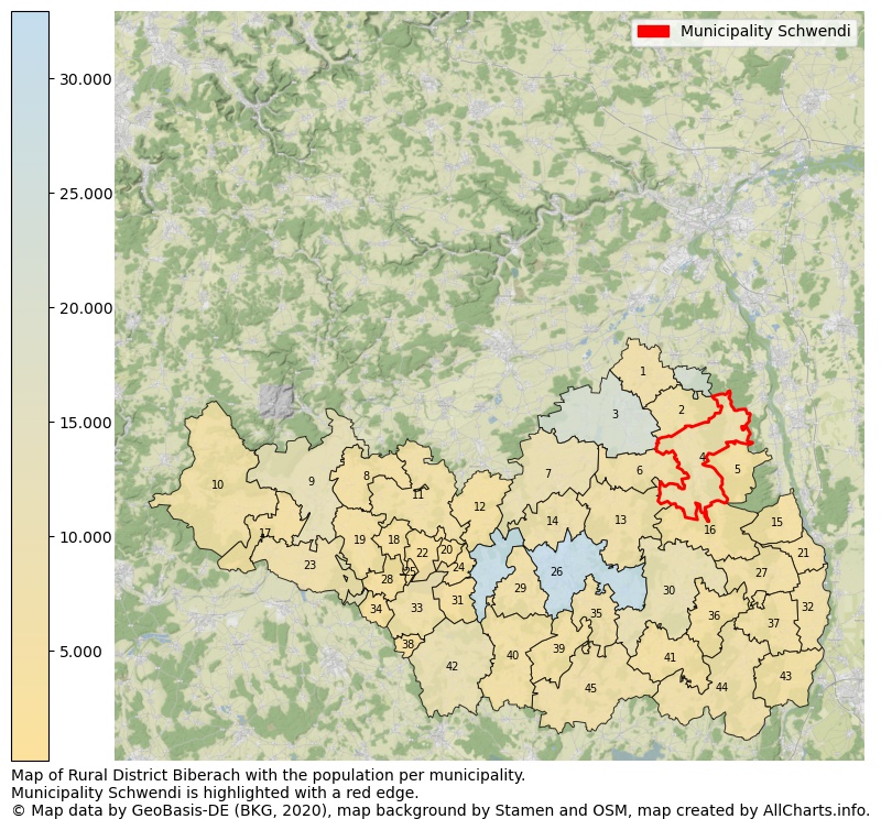 Map of Rural district Biberach with the population per municipality.Municipality Schwendi is highlighted with a red edge.. This page shows a lot of information about residents (such as the distribution by age groups, family composition, gender, native or German with an immigration background, ...), homes (numbers, types, price development, use, type of property, ...) and more (car ownership, energy consumption, ...) based on open data from the German Federal Agency for Cartography, the Federal Statistical Office (DESTATIS), the Regional Statistical Offices and various other sources!