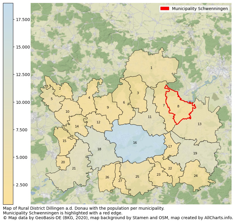Map of Rural district Dillingen a.d. Donau with the population per municipality.Municipality Schwenningen is highlighted with a red edge.. This page shows a lot of information about residents (such as the distribution by age groups, family composition, gender, native or German with an immigration background, ...), homes (numbers, types, price development, use, type of property, ...) and more (car ownership, energy consumption, ...) based on open data from the German Federal Agency for Cartography, the Federal Statistical Office (DESTATIS), the Regional Statistical Offices and various other sources!