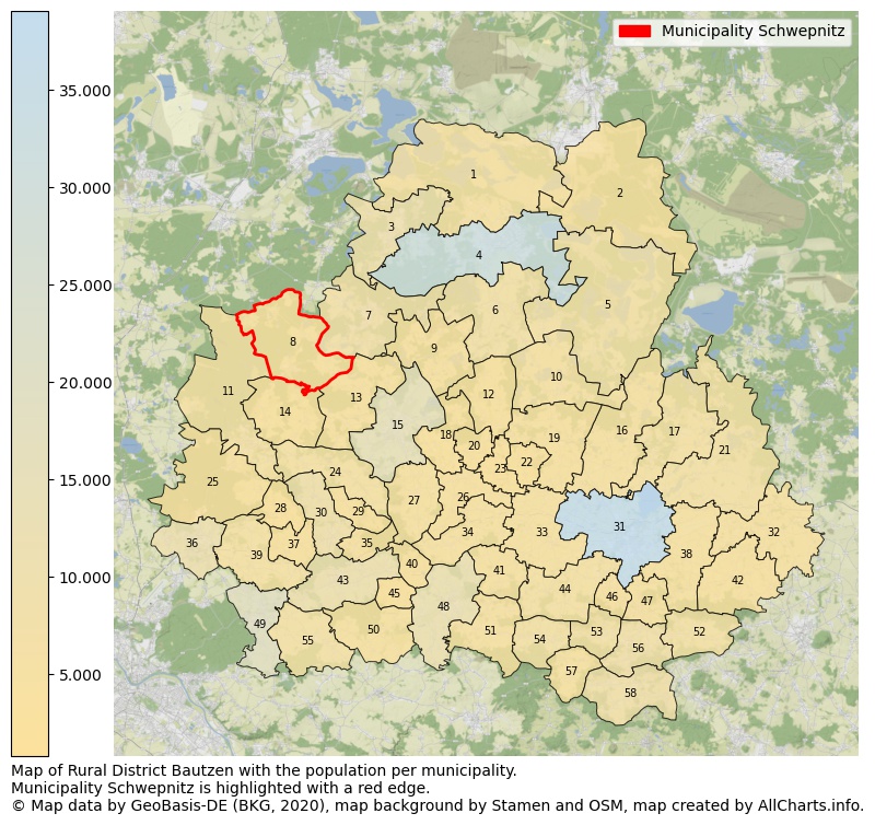 Map of Rural district Bautzen with the population per municipality.Municipality Schwepnitz is highlighted with a red edge.. This page shows a lot of information about residents (such as the distribution by age groups, family composition, gender, native or German with an immigration background, ...), homes (numbers, types, price development, use, type of property, ...) and more (car ownership, energy consumption, ...) based on open data from the German Federal Agency for Cartography, the Federal Statistical Office (DESTATIS), the Regional Statistical Offices and various other sources!