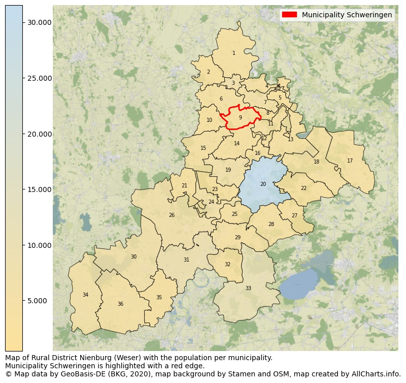 Map of Rural district Nienburg (Weser) with the population per municipality.Municipality Schweringen is highlighted with a red edge.. This page shows a lot of information about residents (such as the distribution by age groups, family composition, gender, native or German with an immigration background, ...), homes (numbers, types, price development, use, type of property, ...) and more (car ownership, energy consumption, ...) based on open data from the German Federal Agency for Cartography, the Federal Statistical Office (DESTATIS), the Regional Statistical Offices and various other sources!