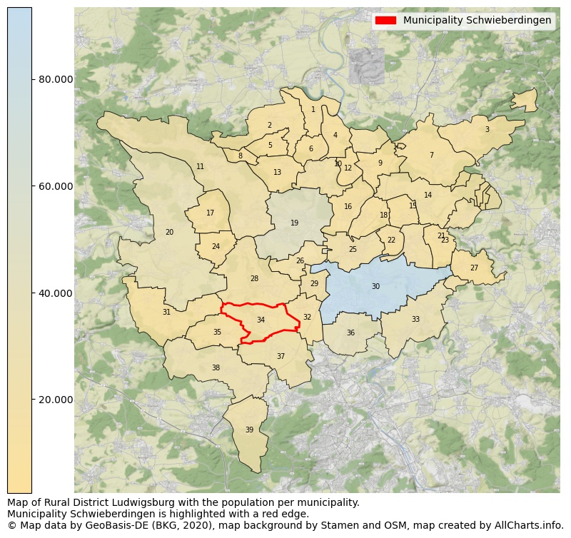 Map of Rural district Ludwigsburg with the population per municipality.Municipality Schwieberdingen is highlighted with a red edge.. This page shows a lot of information about residents (such as the distribution by age groups, family composition, gender, native or German with an immigration background, ...), homes (numbers, types, price development, use, type of property, ...) and more (car ownership, energy consumption, ...) based on open data from the German Federal Agency for Cartography, the Federal Statistical Office (DESTATIS), the Regional Statistical Offices and various other sources!