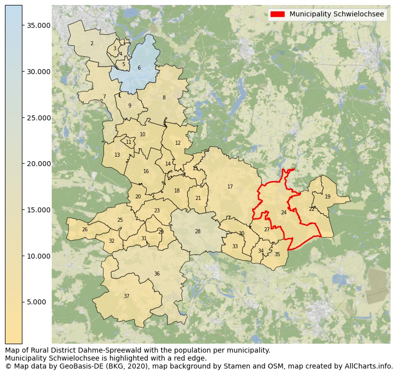 Map of Rural district Dahme-Spreewald with the population per municipality.Municipality Schwielochsee is highlighted with a red edge.. This page shows a lot of information about residents (such as the distribution by age groups, family composition, gender, native or German with an immigration background, ...), homes (numbers, types, price development, use, type of property, ...) and more (car ownership, energy consumption, ...) based on open data from the German Federal Agency for Cartography, the Federal Statistical Office (DESTATIS), the Regional Statistical Offices and various other sources!