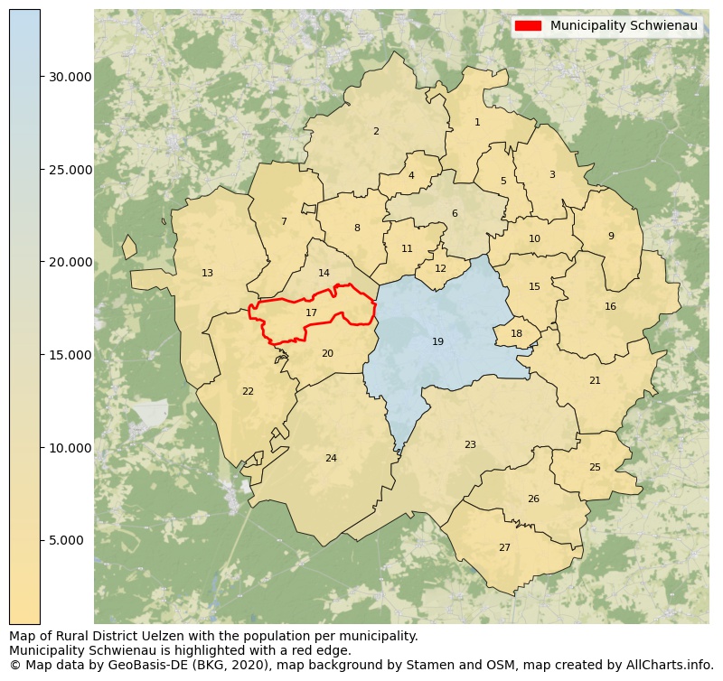 Map of Rural district Uelzen with the population per municipality.Municipality Schwienau is highlighted with a red edge.. This page shows a lot of information about residents (such as the distribution by age groups, family composition, gender, native or German with an immigration background, ...), homes (numbers, types, price development, use, type of property, ...) and more (car ownership, energy consumption, ...) based on open data from the German Federal Agency for Cartography, the Federal Statistical Office (DESTATIS), the Regional Statistical Offices and various other sources!