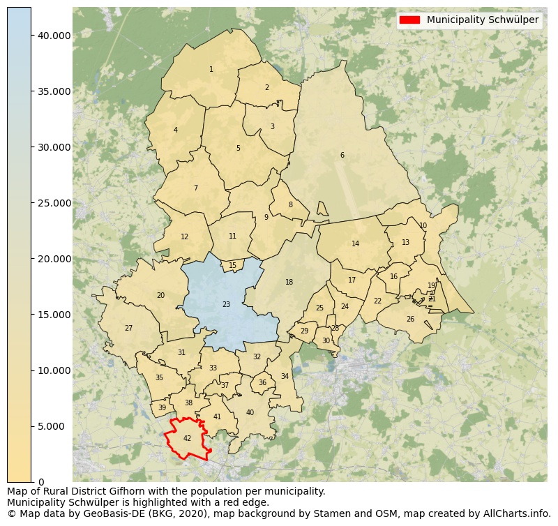 Map of Rural district Gifhorn with the population per municipality.Municipality Schwülper is highlighted with a red edge.. This page shows a lot of information about residents (such as the distribution by age groups, family composition, gender, native or German with an immigration background, ...), homes (numbers, types, price development, use, type of property, ...) and more (car ownership, energy consumption, ...) based on open data from the German Federal Agency for Cartography, the Federal Statistical Office (DESTATIS), the Regional Statistical Offices and various other sources!