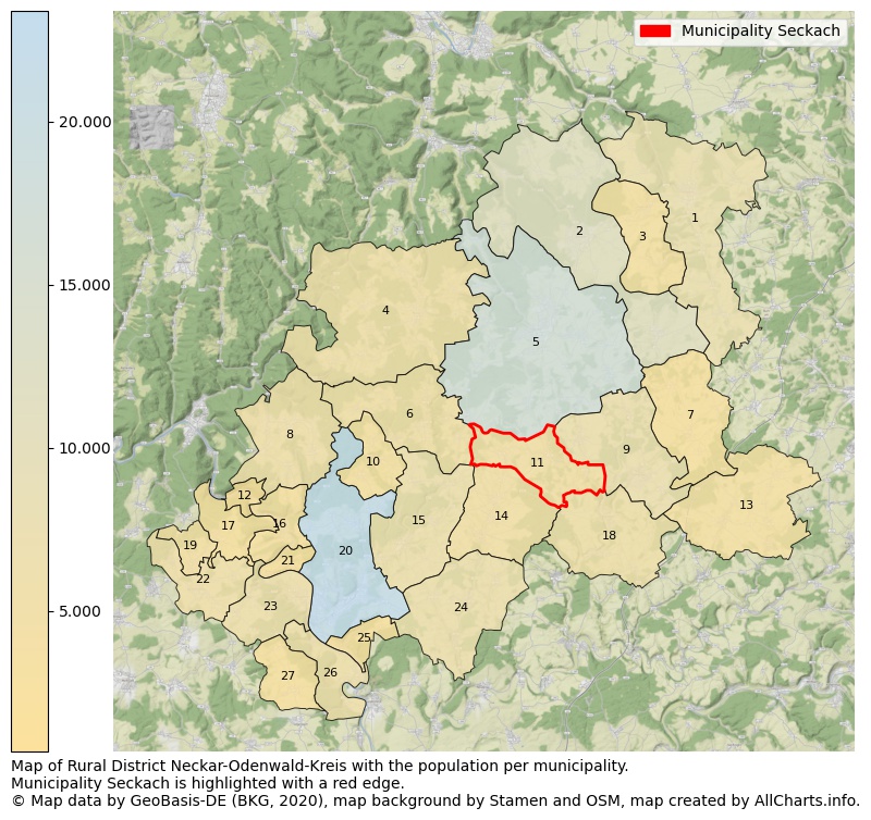 Map of Rural district Neckar-Odenwald-Kreis with the population per municipality.Municipality Seckach is highlighted with a red edge.. This page shows a lot of information about residents (such as the distribution by age groups, family composition, gender, native or German with an immigration background, ...), homes (numbers, types, price development, use, type of property, ...) and more (car ownership, energy consumption, ...) based on open data from the German Federal Agency for Cartography, the Federal Statistical Office (DESTATIS), the Regional Statistical Offices and various other sources!
