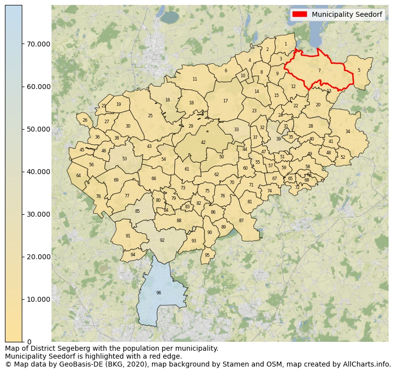 Map of District Segeberg with the population per municipality.Municipality Seedorf is highlighted with a red edge.. This page shows a lot of information about residents (such as the distribution by age groups, family composition, gender, native or German with an immigration background, ...), homes (numbers, types, price development, use, type of property, ...) and more (car ownership, energy consumption, ...) based on open data from the German Federal Agency for Cartography, the Federal Statistical Office (DESTATIS), the Regional Statistical Offices and various other sources!
