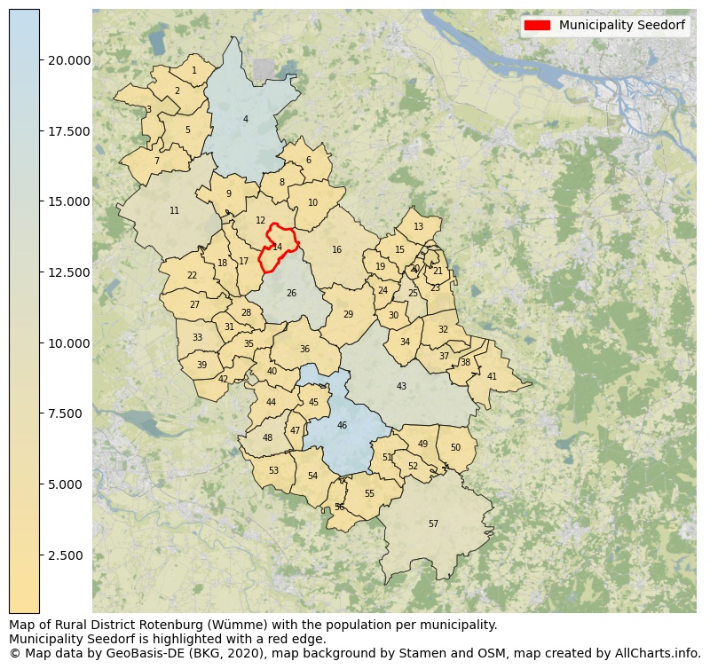 Map of Rural district Rotenburg (Wümme) with the population per municipality.Municipality Seedorf is highlighted with a red edge.. This page shows a lot of information about residents (such as the distribution by age groups, family composition, gender, native or German with an immigration background, ...), homes (numbers, types, price development, use, type of property, ...) and more (car ownership, energy consumption, ...) based on open data from the German Federal Agency for Cartography, the Federal Statistical Office (DESTATIS), the Regional Statistical Offices and various other sources!