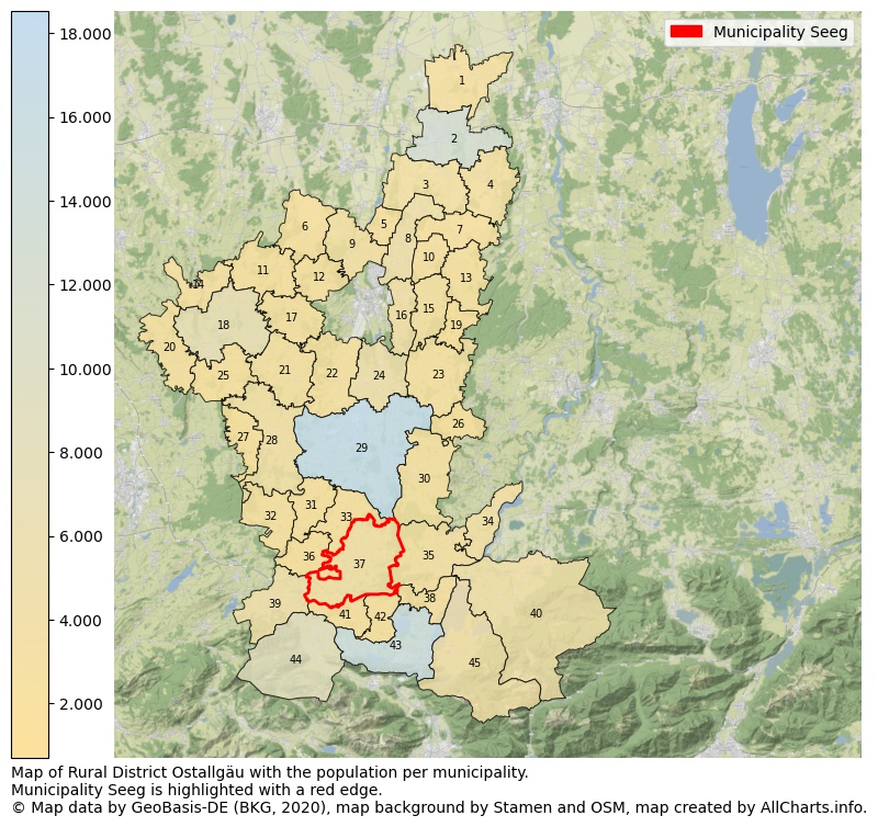Map of Rural district Ostallgäu with the population per municipality.Municipality Seeg is highlighted with a red edge.. This page shows a lot of information about residents (such as the distribution by age groups, family composition, gender, native or German with an immigration background, ...), homes (numbers, types, price development, use, type of property, ...) and more (car ownership, energy consumption, ...) based on open data from the German Federal Agency for Cartography, the Federal Statistical Office (DESTATIS), the Regional Statistical Offices and various other sources!