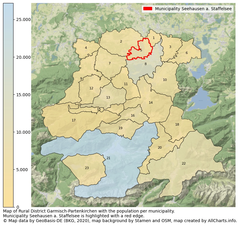 Map of Rural district Garmisch-Partenkirchen with the population per municipality.Municipality Seehausen a. Staffelsee is highlighted with a red edge.. This page shows a lot of information about residents (such as the distribution by age groups, family composition, gender, native or German with an immigration background, ...), homes (numbers, types, price development, use, type of property, ...) and more (car ownership, energy consumption, ...) based on open data from the German Federal Agency for Cartography, the Federal Statistical Office (DESTATIS), the Regional Statistical Offices and various other sources!