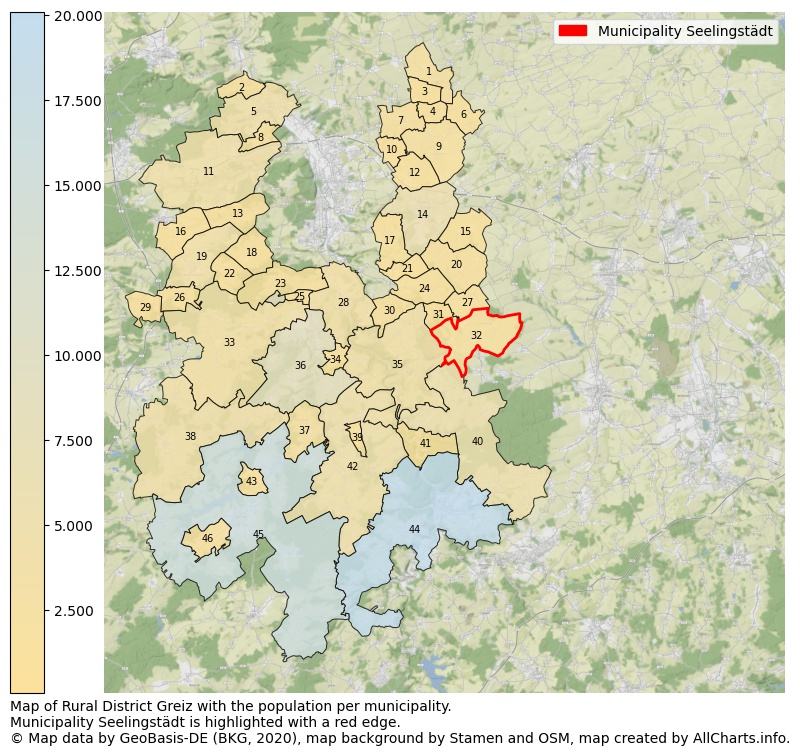 Map of Rural district Greiz with the population per municipality.Municipality Seelingstädt is highlighted with a red edge.. This page shows a lot of information about residents (such as the distribution by age groups, family composition, gender, native or German with an immigration background, ...), homes (numbers, types, price development, use, type of property, ...) and more (car ownership, energy consumption, ...) based on open data from the German Federal Agency for Cartography, the Federal Statistical Office (DESTATIS), the Regional Statistical Offices and various other sources!