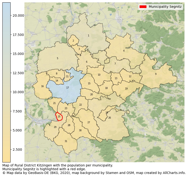Map of Rural district Kitzingen with the population per municipality.Municipality Segnitz is highlighted with a red edge.. This page shows a lot of information about residents (such as the distribution by age groups, family composition, gender, native or German with an immigration background, ...), homes (numbers, types, price development, use, type of property, ...) and more (car ownership, energy consumption, ...) based on open data from the German Federal Agency for Cartography, the Federal Statistical Office (DESTATIS), the Regional Statistical Offices and various other sources!