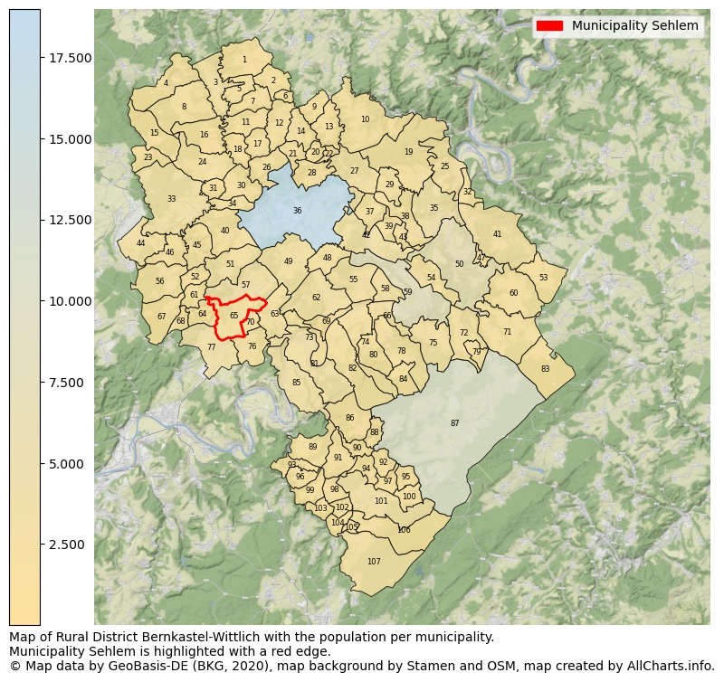 Map of Rural district Bernkastel-Wittlich with the population per municipality.Municipality Sehlem is highlighted with a red edge.. This page shows a lot of information about residents (such as the distribution by age groups, family composition, gender, native or German with an immigration background, ...), homes (numbers, types, price development, use, type of property, ...) and more (car ownership, energy consumption, ...) based on open data from the German Federal Agency for Cartography, the Federal Statistical Office (DESTATIS), the Regional Statistical Offices and various other sources!