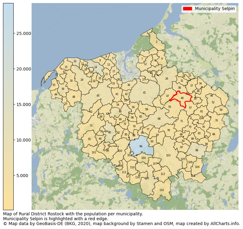 Map of Rural district Rostock with the population per municipality.Municipality Selpin is highlighted with a red edge.. This page shows a lot of information about residents (such as the distribution by age groups, family composition, gender, native or German with an immigration background, ...), homes (numbers, types, price development, use, type of property, ...) and more (car ownership, energy consumption, ...) based on open data from the German Federal Agency for Cartography, the Federal Statistical Office (DESTATIS), the Regional Statistical Offices and various other sources!