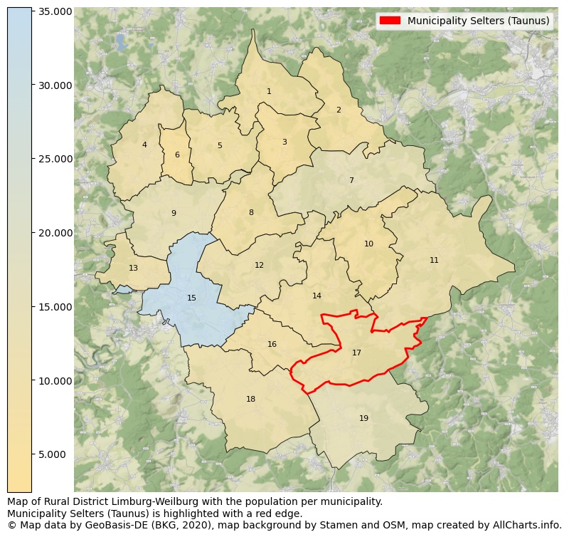 Map of Rural district Limburg-Weilburg with the population per municipality.Municipality Selters (Taunus) is highlighted with a red edge.. This page shows a lot of information about residents (such as the distribution by age groups, family composition, gender, native or German with an immigration background, ...), homes (numbers, types, price development, use, type of property, ...) and more (car ownership, energy consumption, ...) based on open data from the German Federal Agency for Cartography, the Federal Statistical Office (DESTATIS), the Regional Statistical Offices and various other sources!