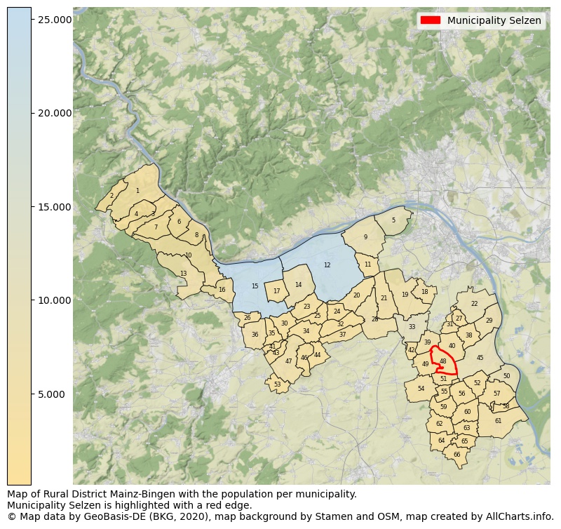 Map of Rural district Mainz-Bingen with the population per municipality.Municipality Selzen is highlighted with a red edge.. This page shows a lot of information about residents (such as the distribution by age groups, family composition, gender, native or German with an immigration background, ...), homes (numbers, types, price development, use, type of property, ...) and more (car ownership, energy consumption, ...) based on open data from the German Federal Agency for Cartography, the Federal Statistical Office (DESTATIS), the Regional Statistical Offices and various other sources!