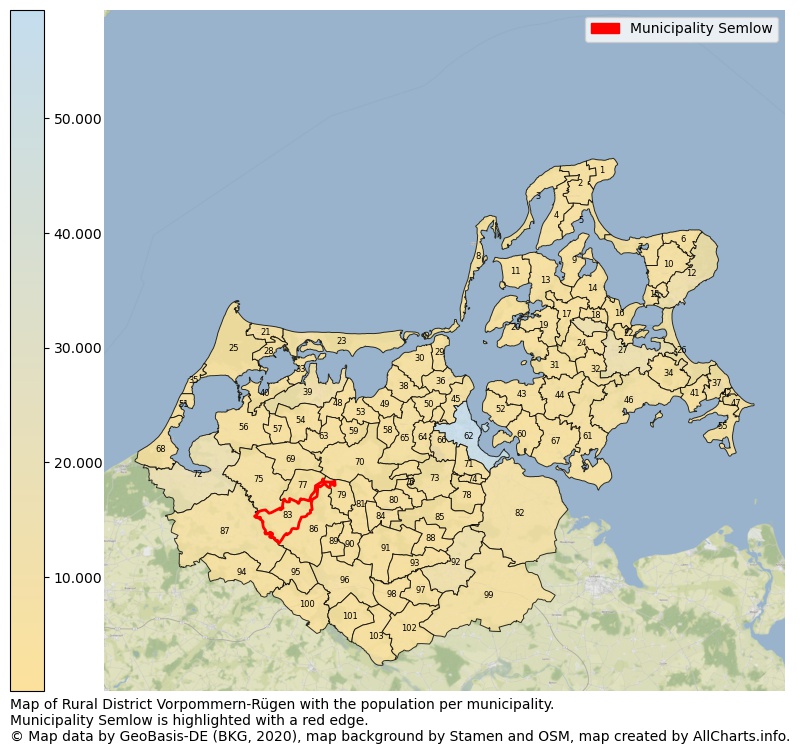 Map of Rural district Vorpommern-Rügen with the population per municipality.Municipality Semlow is highlighted with a red edge.. This page shows a lot of information about residents (such as the distribution by age groups, family composition, gender, native or German with an immigration background, ...), homes (numbers, types, price development, use, type of property, ...) and more (car ownership, energy consumption, ...) based on open data from the German Federal Agency for Cartography, the Federal Statistical Office (DESTATIS), the Regional Statistical Offices and various other sources!