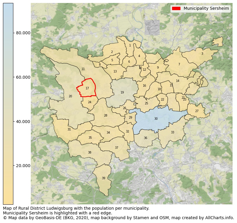 Map of Rural district Ludwigsburg with the population per municipality.Municipality Sersheim is highlighted with a red edge.. This page shows a lot of information about residents (such as the distribution by age groups, family composition, gender, native or German with an immigration background, ...), homes (numbers, types, price development, use, type of property, ...) and more (car ownership, energy consumption, ...) based on open data from the German Federal Agency for Cartography, the Federal Statistical Office (DESTATIS), the Regional Statistical Offices and various other sources!