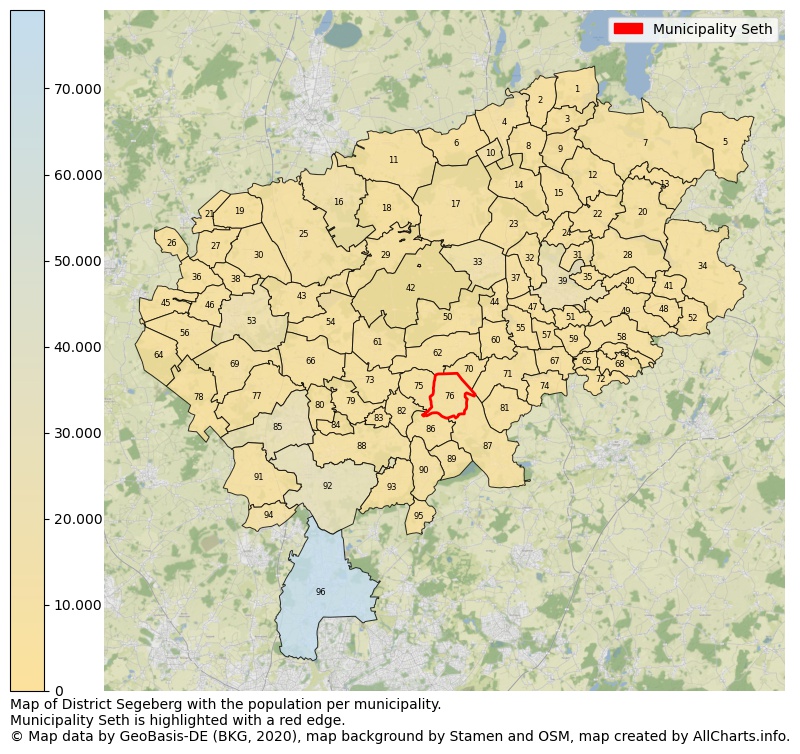 Map of District Segeberg with the population per municipality.Municipality Seth is highlighted with a red edge.. This page shows a lot of information about residents (such as the distribution by age groups, family composition, gender, native or German with an immigration background, ...), homes (numbers, types, price development, use, type of property, ...) and more (car ownership, energy consumption, ...) based on open data from the German Federal Agency for Cartography, the Federal Statistical Office (DESTATIS), the Regional Statistical Offices and various other sources!