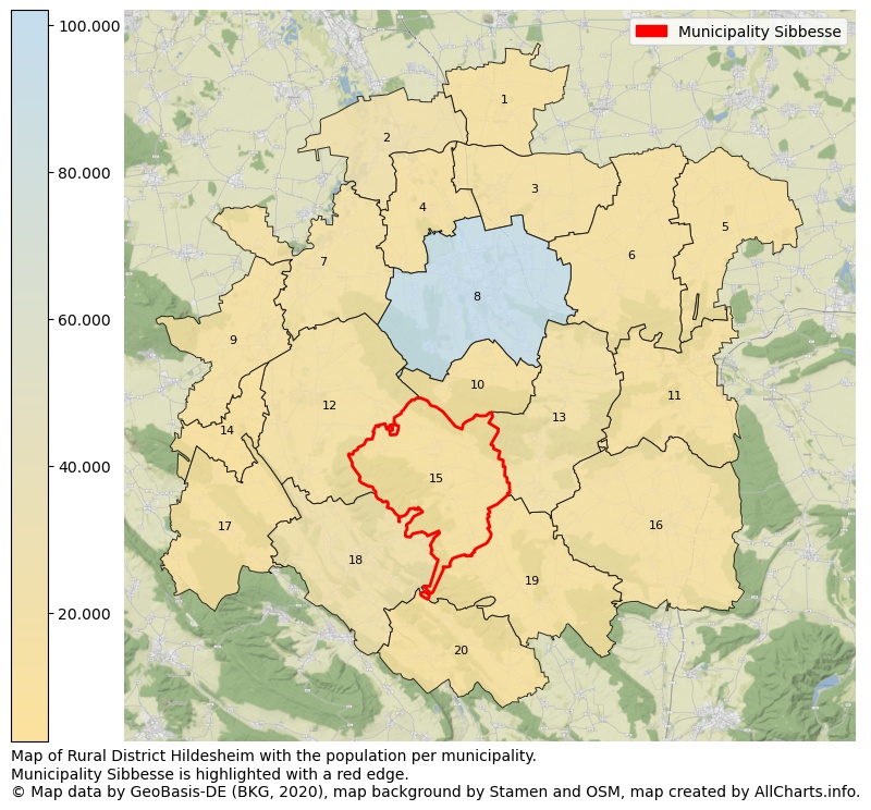 Map of Rural district Hildesheim with the population per municipality.Municipality Sibbesse is highlighted with a red edge.. This page shows a lot of information about residents (such as the distribution by age groups, family composition, gender, native or German with an immigration background, ...), homes (numbers, types, price development, use, type of property, ...) and more (car ownership, energy consumption, ...) based on open data from the German Federal Agency for Cartography, the Federal Statistical Office (DESTATIS), the Regional Statistical Offices and various other sources!