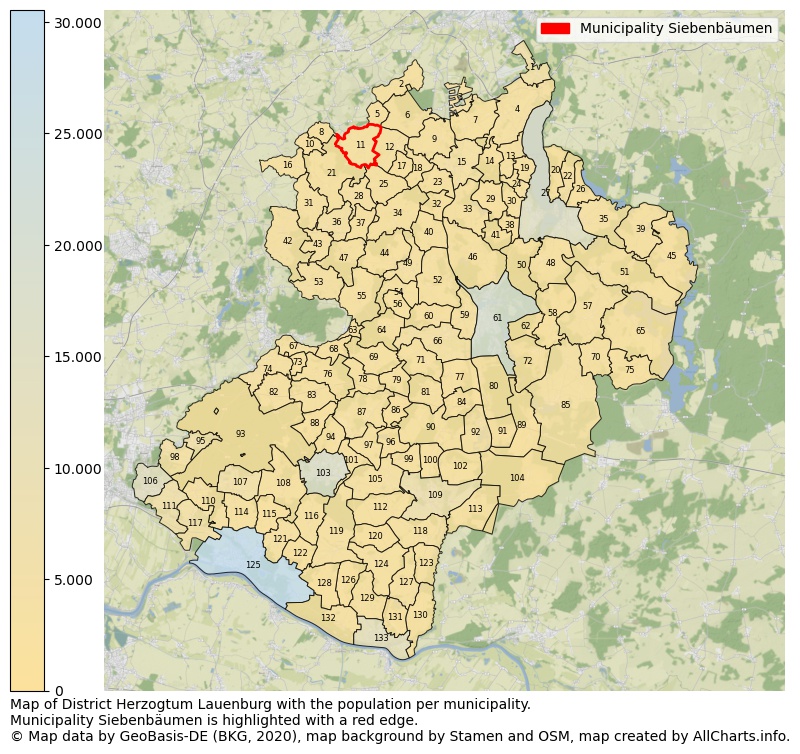 Map of District Herzogtum Lauenburg with the population per municipality.Municipality Siebenbäumen is highlighted with a red edge.. This page shows a lot of information about residents (such as the distribution by age groups, family composition, gender, native or German with an immigration background, ...), homes (numbers, types, price development, use, type of property, ...) and more (car ownership, energy consumption, ...) based on open data from the German Federal Agency for Cartography, the Federal Statistical Office (DESTATIS), the Regional Statistical Offices and various other sources!