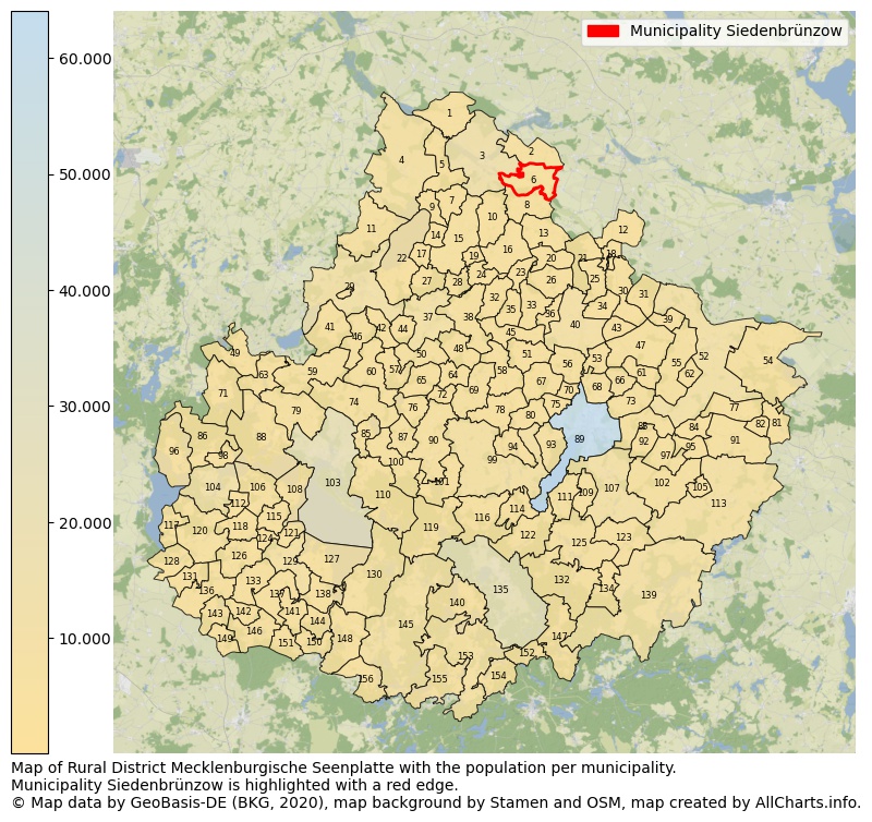 Map of Rural district Mecklenburgische Seenplatte with the population per municipality.Municipality Siedenbrünzow is highlighted with a red edge.. This page shows a lot of information about residents (such as the distribution by age groups, family composition, gender, native or German with an immigration background, ...), homes (numbers, types, price development, use, type of property, ...) and more (car ownership, energy consumption, ...) based on open data from the German Federal Agency for Cartography, the Federal Statistical Office (DESTATIS), the Regional Statistical Offices and various other sources!