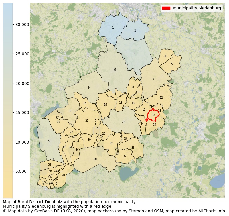 Map of Rural district Diepholz with the population per municipality.Municipality Siedenburg is highlighted with a red edge.. This page shows a lot of information about residents (such as the distribution by age groups, family composition, gender, native or German with an immigration background, ...), homes (numbers, types, price development, use, type of property, ...) and more (car ownership, energy consumption, ...) based on open data from the German Federal Agency for Cartography, the Federal Statistical Office (DESTATIS), the Regional Statistical Offices and various other sources!