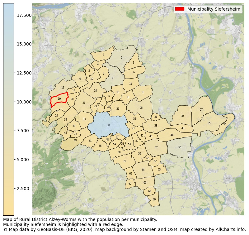 Map of Rural district Alzey-Worms with the population per municipality.Municipality Siefersheim is highlighted with a red edge.. This page shows a lot of information about residents (such as the distribution by age groups, family composition, gender, native or German with an immigration background, ...), homes (numbers, types, price development, use, type of property, ...) and more (car ownership, energy consumption, ...) based on open data from the German Federal Agency for Cartography, the Federal Statistical Office (DESTATIS), the Regional Statistical Offices and various other sources!
