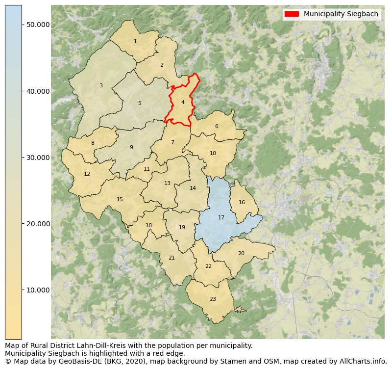 Map of Rural district Lahn-Dill-Kreis with the population per municipality.Municipality Siegbach is highlighted with a red edge.. This page shows a lot of information about residents (such as the distribution by age groups, family composition, gender, native or German with an immigration background, ...), homes (numbers, types, price development, use, type of property, ...) and more (car ownership, energy consumption, ...) based on open data from the German Federal Agency for Cartography, the Federal Statistical Office (DESTATIS), the Regional Statistical Offices and various other sources!