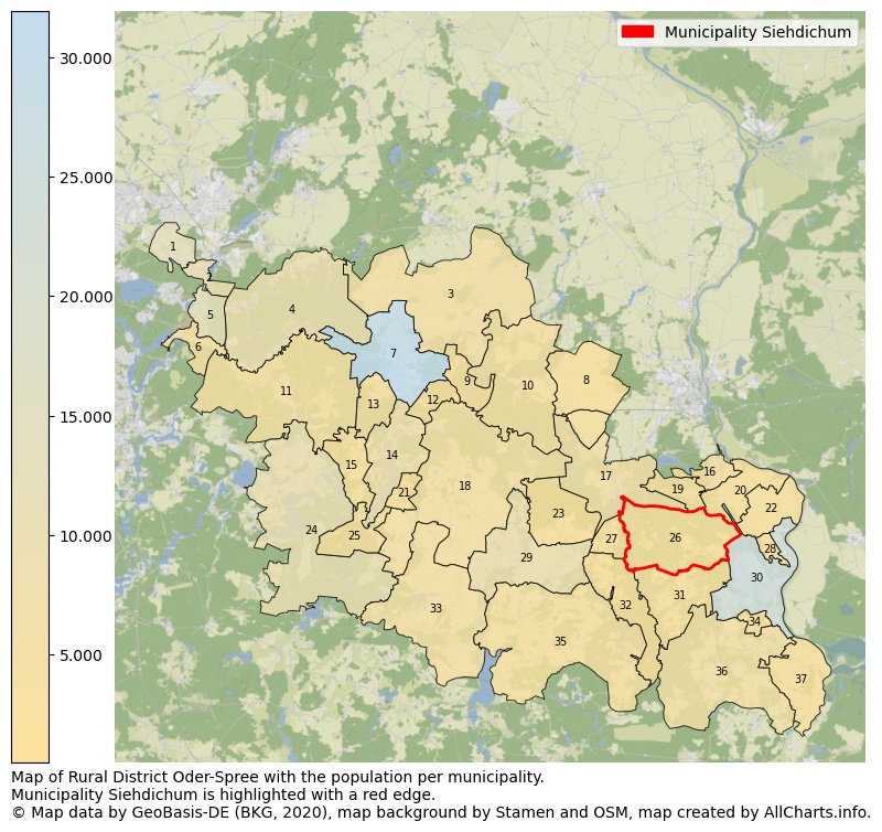 Map of Rural district Oder-Spree with the population per municipality.Municipality Siehdichum is highlighted with a red edge.. This page shows a lot of information about residents (such as the distribution by age groups, family composition, gender, native or German with an immigration background, ...), homes (numbers, types, price development, use, type of property, ...) and more (car ownership, energy consumption, ...) based on open data from the German Federal Agency for Cartography, the Federal Statistical Office (DESTATIS), the Regional Statistical Offices and various other sources!