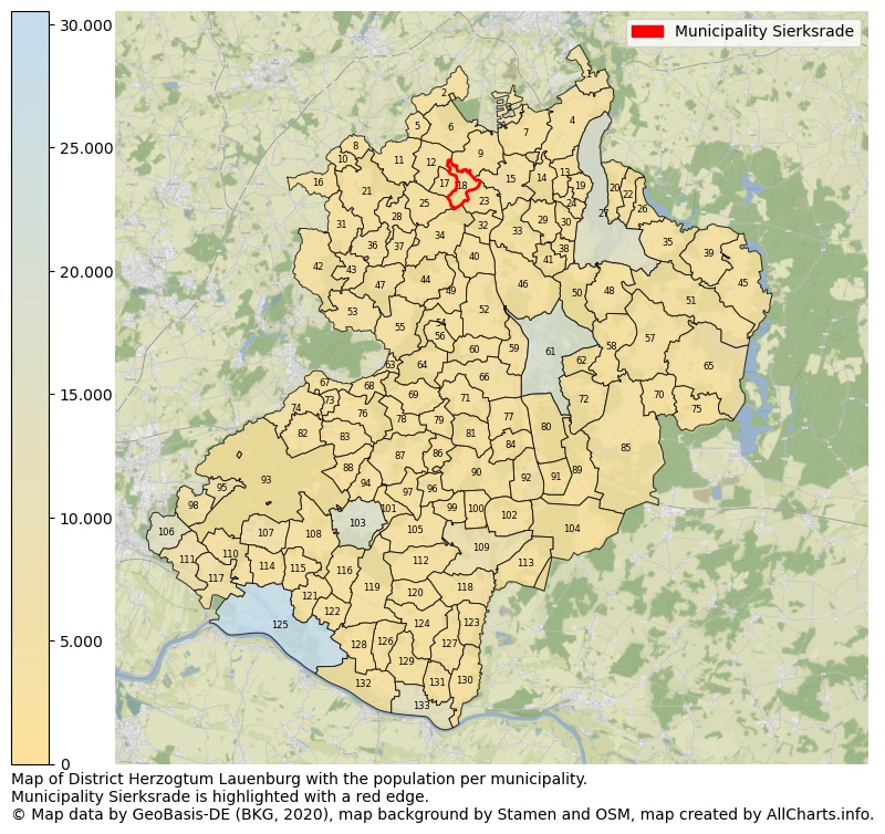 Map of District Herzogtum Lauenburg with the population per municipality.Municipality Sierksrade is highlighted with a red edge.. This page shows a lot of information about residents (such as the distribution by age groups, family composition, gender, native or German with an immigration background, ...), homes (numbers, types, price development, use, type of property, ...) and more (car ownership, energy consumption, ...) based on open data from the German Federal Agency for Cartography, the Federal Statistical Office (DESTATIS), the Regional Statistical Offices and various other sources!
