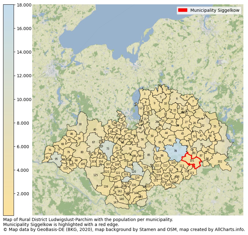 Map of Rural district Ludwigslust-Parchim with the population per municipality.Municipality Siggelkow is highlighted with a red edge.. This page shows a lot of information about residents (such as the distribution by age groups, family composition, gender, native or German with an immigration background, ...), homes (numbers, types, price development, use, type of property, ...) and more (car ownership, energy consumption, ...) based on open data from the German Federal Agency for Cartography, the Federal Statistical Office (DESTATIS), the Regional Statistical Offices and various other sources!