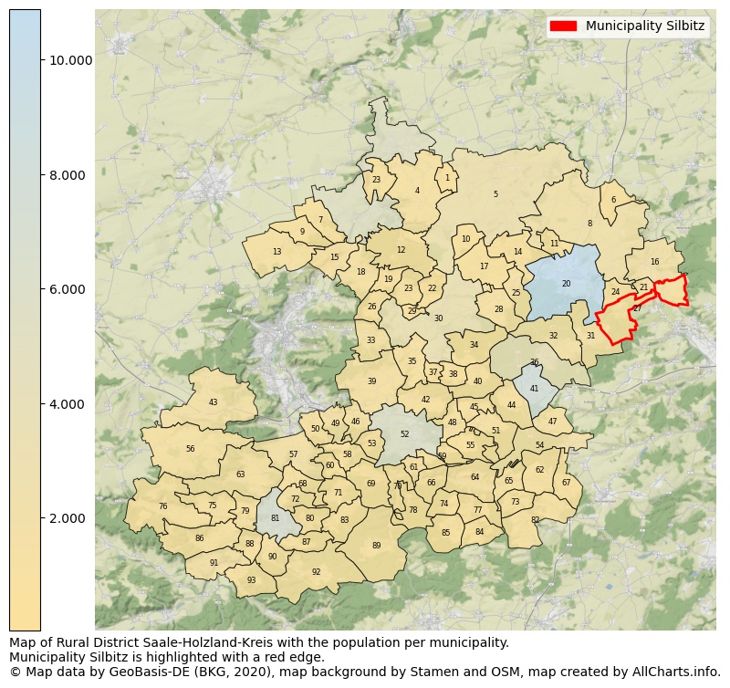 Map of Rural district Saale-Holzland-Kreis with the population per municipality.Municipality Silbitz is highlighted with a red edge.. This page shows a lot of information about residents (such as the distribution by age groups, family composition, gender, native or German with an immigration background, ...), homes (numbers, types, price development, use, type of property, ...) and more (car ownership, energy consumption, ...) based on open data from the German Federal Agency for Cartography, the Federal Statistical Office (DESTATIS), the Regional Statistical Offices and various other sources!